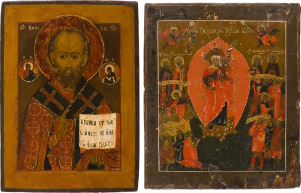 Auction 151<br>ZWEI IKONEN: GOTTESMUTTER 'FREUDE ALLER LEIDENDEN' UND HEILIGER NIKOLAUS VON MYRA