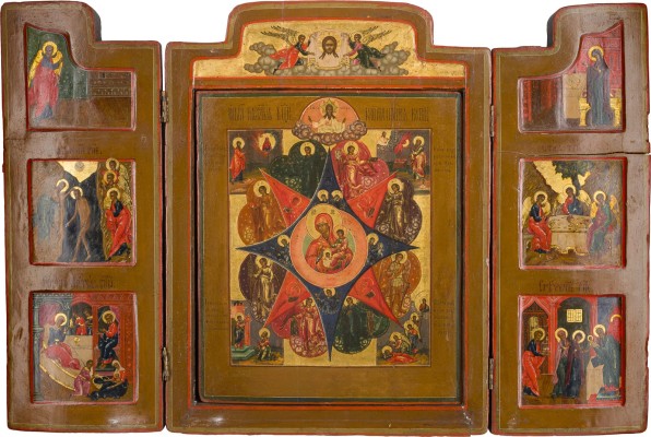 Picture GROSSFORMATIGES TRIPTYCHON MIT DER GOTTESMUTTER 'UNVERBRENNBARER DORNBUSCH', VERKÜNDIGUNG UND HOCHFESTEN