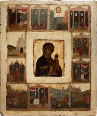 Bild MONUMENTALE IKONE MIT DER GOTTESMUTTER VON TICHWIN (TICHWINSKAJA) MIT SZENEN IHRER LEGENDE