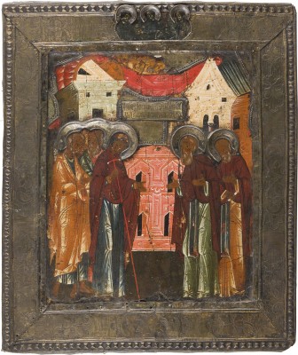 Auktion 151<br>FEINE IKONE MIT DEM ERSCHEINEN DER GOTTESMUTTER VOR DEM HEILIGEN SERGEJ VON RADONESCH MIT BASMA