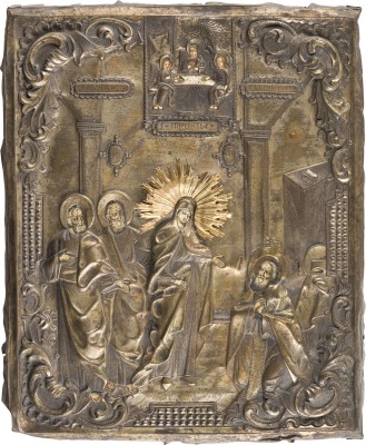 Auktion 151<br>IKONE MIT DEM ERSCHEINEN DER GOTTESMUTTER VOR DEM HEILIGEN SERGEJ VON RADONESCH MIT OKLAD