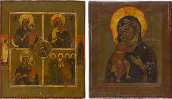 Auction 151<br>ZWEI IKONEN: GOTTESMUTTER FEODOROWSKAJA UND VIERFELDERIKONE MIT GNADENBILDERN DER GOTTESMUTTER UND HEILIGEN