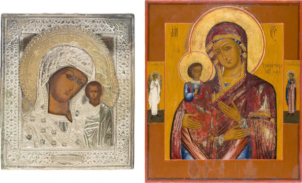 Auktion 151<br>ZWEI IKONEN: GOTTESMUTTER VON KASAN (KASANSKAJA) MIT OKLAD UND DREIHÄNDIGE GOTTESMUTTER (TRICHEIROUSA)