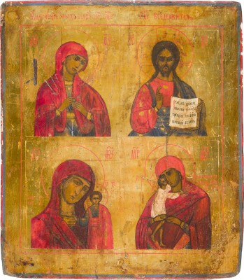 Bild VIERFELDER-IKONE MIT DREI GNADENBILDERN DER GOTTESMUTTER UND CHRISTUS PANTOKRATOR