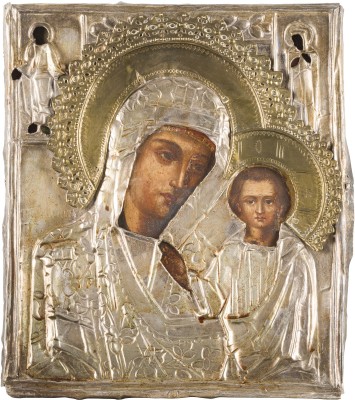 Bild IKONE MIT DER GOTTESMUTTER VON KASAN (KASANSKAJA) MIT OKLAD MIT DEN HEILIGEN BARTHOLOMÄUS UND ALEXANDRA
