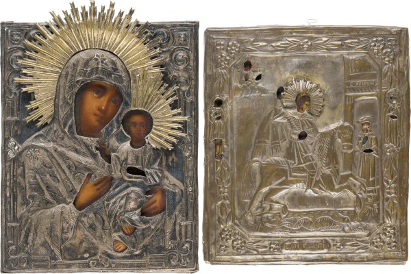 Auction 151<br>ZWEI IKONEN MIT OKLAD: GOTTESMUTTER IWERSKAJA UND HEILIGER GEORG DER DRACHENTÖTER