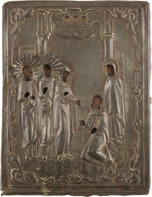 Auktion 151<br>KLEINE IKONE MIT DEM ERSCHEINEN DER GOTTESMUTTER VOR DEM HEILIGEN SERGEJ VON RADONESCH MIT OKLAD