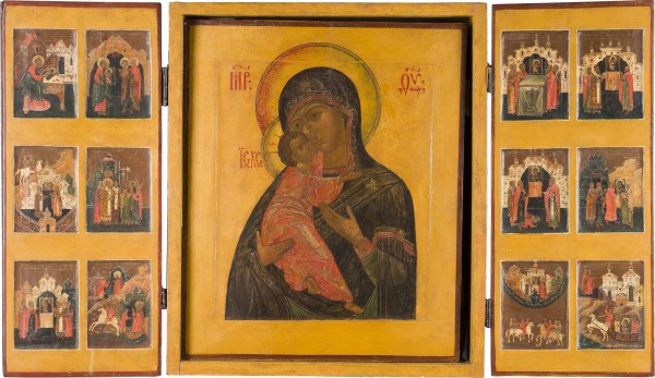 Picture GROSSFORMATIGES UND SELTENES TRIPTYCHON MIT DER GOTTESMUTTER VON WLADIMIR (WLADIMIRSKAJA) MIT SZENEN IHRER LEGENDE