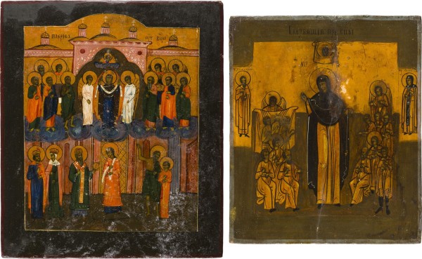 Auktion 151<br>ZWEI IKONEN: GOTTESMUTTER POKROW UND GOTTESMUTTER 'FREUDE ALLER LEIDENDEN'