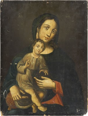 Bild GROSSFORMATIGE UND SELTENE IKONE MIT DER GOTTESMUTTER UND DEM CHRISTUSKNABEN MIT TRAUBEN