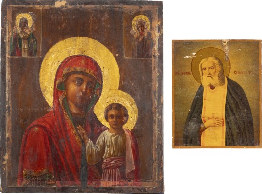 Auktion 151<br>ZWEI IKONEN: GOTTESMUTTER VON KASAN (KASANSKAJA) MIT ZWEI HEILIGEN UND HEILIGER SERAFIM VON SAROW