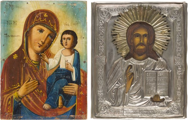 Auktion 151<br>ZWEI IKONEN: GOTTESMUTTER VON TICHWIN UND CHRISTUS PANTOKRATOR MIT OKLAD