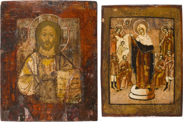 Auction 151<br>ZWEI IKONEN: CHRISTUS PANTOKRATOR UND GOTTESMUTTER 'FREUDE ALLER LEIDENDEN'