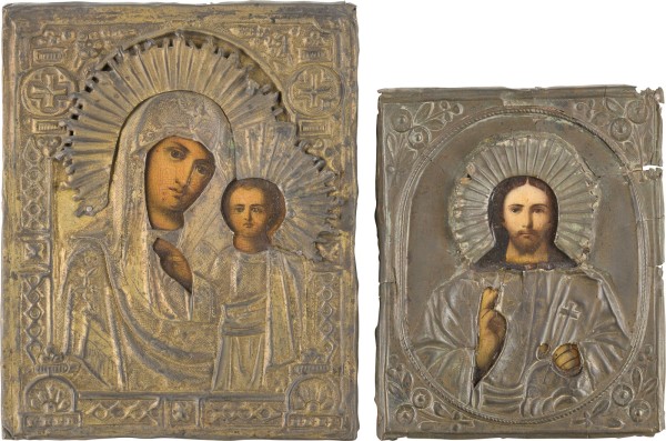 Auction 151<br>ZWEI KLEINE IKONEN MIT OKLAD: CHRISTUS PANTOKRATOR UND GOTTESMUTTER VON KASAN (KASANSKAJA)