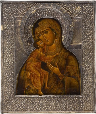 Auktion 151<br>SEHR FEINE IKONE MIT DER GOTTESMUTTER FEODOROWSKAJA MIT VERMEIL-RIZA