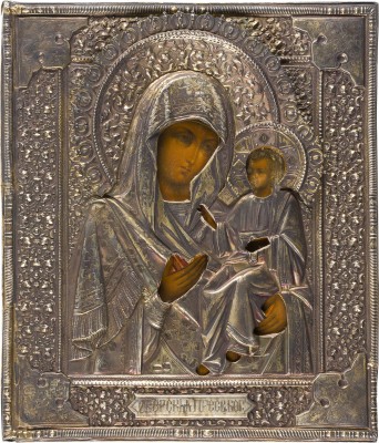 Auktion 151<br>FEINE IKONE MIT DER GOTTESMUTTER 'IWERSKAJA' MIT VERMEIL-OKLAD