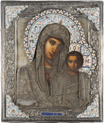 Auction 151<br>FEINE IKONE MIT DER GOTTESMUTTER VON KASAN (KASANSKAJA) MIT FILIGRANEM CLOISONNÉ-EMAIL-OKLAD