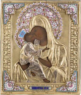 Bild IKONE MIT DER GOTTESMUTTER VON WLADIMIR (WLADIMIRSKAJA) MIT CLOISONNÉ-EMAIL-OKLAD