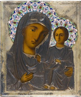Bild IKONE MIT DER GOTTESMUTTER VON SMOLENSK (SMOLENSKAJA) MIT CLOISONNÉ-EMAIL-OKLAD