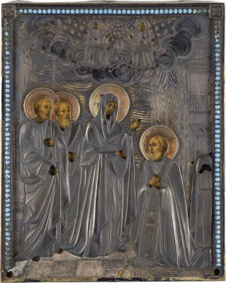 Auktion 151<br>KLEINE IKONE MIT DEM ERSCHEINEN DER GOTTESMUTTER VOR DEM HEILIGEN SERGEJ VON RADONESCH MIT CLOISONNÉ-EMAIL-OKLAD