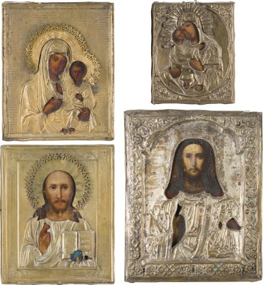 Auktion 151<br>VIER KLEINE IKONEN MIT OKLAD: GNADENBILDER DER GOTTESMUTTER UND CHRISTUS PANTOKRATOR