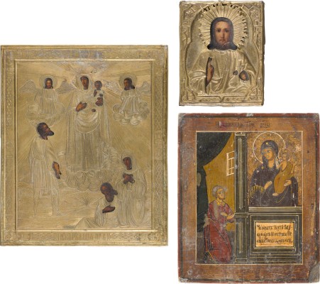 Auction 151<br>DREI IKONEN: CHRISTUS PANTOKRATOR, GOTTESMUTTER 'UNERWARTETE FREUDE' UND GOTTESMUTTER 'FREUDE ALLER LEIDENDEN'