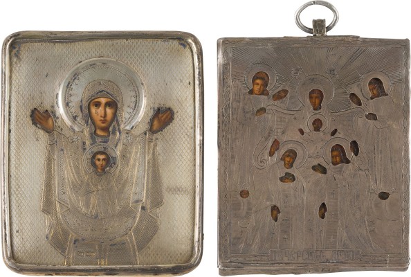 Auktion 151<br>ZWEI MINIATURIKONEN MIT SILBER-OKLAD: GOTTESMUTTER DES ZEICHENS UND GOTTESMUTTER PETSCHERSKAJA
