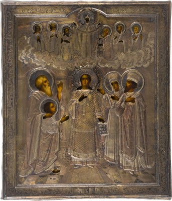 Auction 151<br>IKONE MIT DEM SCHLEIERWUNDER DER GOTTESMUTTER (POKROW) MIT VERMEIL-OKLAD