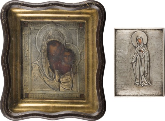 Auction 151<br>ZWEI KLEINE IKONEN: SELTENE IKONE MIT DER GOTTESMUTTER 'UNVERBRENNBARER DORNBUSCH' UND GOTTESMUTTER VON KASAN MIT SILBER-OKLAD