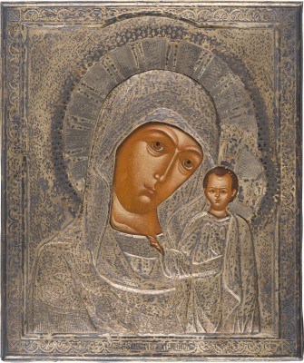 Auction 151<br>FEINE IKONE MIT DER GOTTESMUTTER VON KASAN (KASANSKAJA) MIT VERMEIL-OKLAD