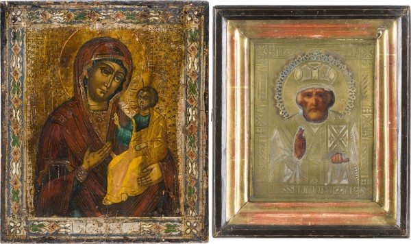 Auction 151<br>ZWEI IKONEN: GOTTESMUTTER IWERSKAJA UND HEILIGER NIKOLAUS VON MYRA MIT OKLAD IM KIOT