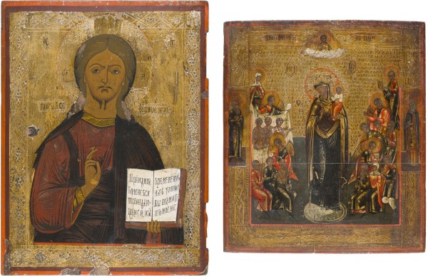 Auction 151<br>ZWEI IKONEN: CHRISTUS PANTOKRATOR UND GOTTESMUTTER 'FREUDE ALLER LEIDENDEN'