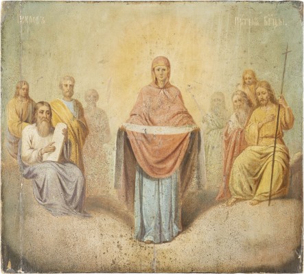 Picture GROSSFORMATIGE IKONE MIT DEM SCHLEIDERWUNDER DER GOTTESMUTTER (POKROW) AUS EINER KIRCHEN-IKONOSTASE