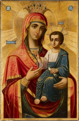 Auktion 151<br>MONUMENTALE DATIERTE IKONE MIT DER GOTTESMUTTER 'IWERSKAJA' AUS EINER KIRCHEN-IKONOSTASE