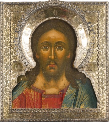 Bild FEINE IKONE MIT CHRISTUS 'DAS GRIMME AUGE' MIT VERMEIL-RIZA