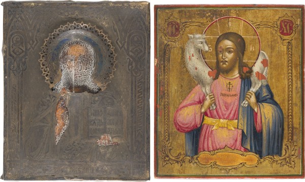 Auktion 151<br>ZWEI KLEINE IKONEN: CHRISTUS PANTOKRATOR MIT SILBER-OKLAD UND CHRISTUS, DER GUTE HIRTE