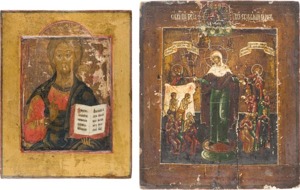 Auction 151<br>ZWEI IKONEN: FEINE IKONE MIT CHRISTUS PANTOKRATOR UND GOTTESMUTTER 'FREUD ALLER LEIDENDEN'