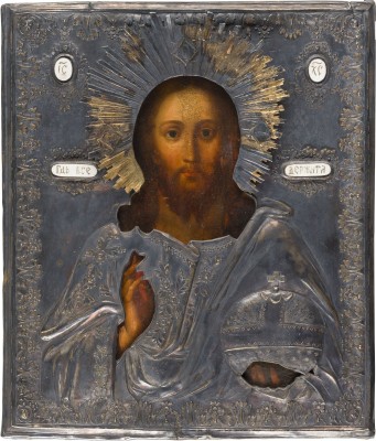 Bild IKONE MIT CHRISTUS DEM WELTENHERRSCHER MIT SILBER-OKLAD