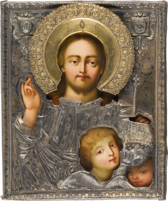 Auktion 151<br>FEINE IKONE MIT CHRISTUS DEM WELTENHERRSCHER MIT VERMEIL-RIZA