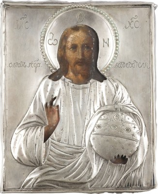 Picture KLEINE IKONE MIT CHRISTUS DEM WELTENHERRSCHER MIT SILBER-OKLAD