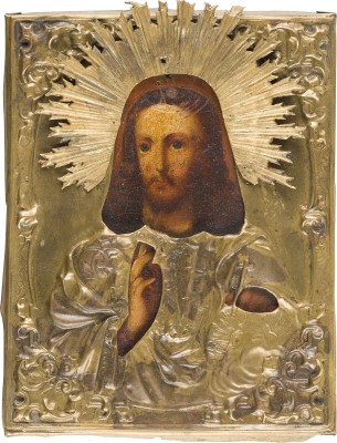 Bild KLEINE IKONE MIT CHRISTUS DEM WELTENHERRSCHER MIT OKLAD