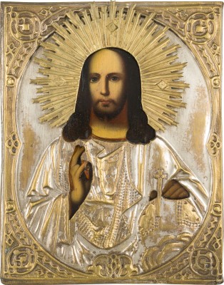 Picture KLEINE IKONE MIT CHRISTUS DEM WELTENHERRSCHER MIT SILBER-OKLAD
