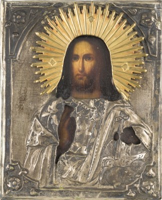 Bild KLEINE IKONE MIT CHRISTUS DEM WELTENHERRSCHER MIT OKLAD