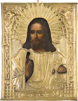 Bild KLEINE IKONE MIT CHRISTUS DEM WELTENHERRSCHER MIT OKLAD
