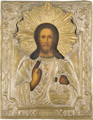 Bild KLEINE IKONE MIT CHRISTUS DEM WELTENHERRSCHER MIT OKLAD