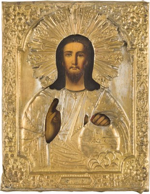 Bild KLEINE IKONE MIT CHRISTUS DEM WELTENHERRSCHER MIT OKLAD