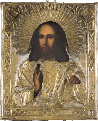 Bild KLEINE IKONE MIT CHRISTUS DEM WELTENHERRSCHER MIT OKLAD