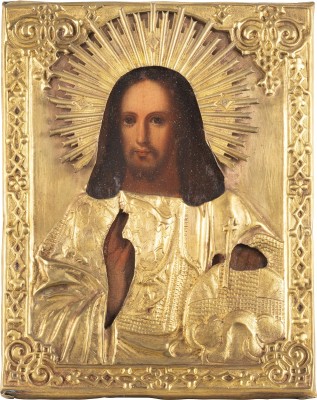 Bild KLEINE IKONE MIT CHRISTUS DEM WELTENHERRSCHER MIT OKLAD