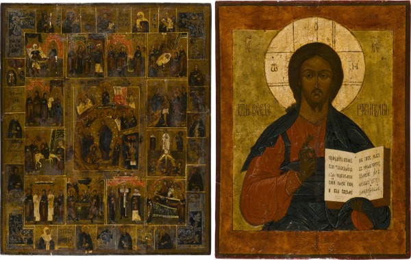 Auktion 151<br>ZWEI GROSSFORMATIGE IKONEN: CHRISTUS PANTOKRATOR UND FESTTAGSIKONE MIT GNADENBILDERN DER GOTTESMUTTER UND HEILIGEN