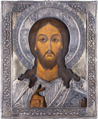 Auktion 151<br>GROSSFORMATIGE IKONE MIT CHRISTUS PANTOKRATOR MIT SEHR FEINEM UND MASSIVEM VERMEIL-OKLAD